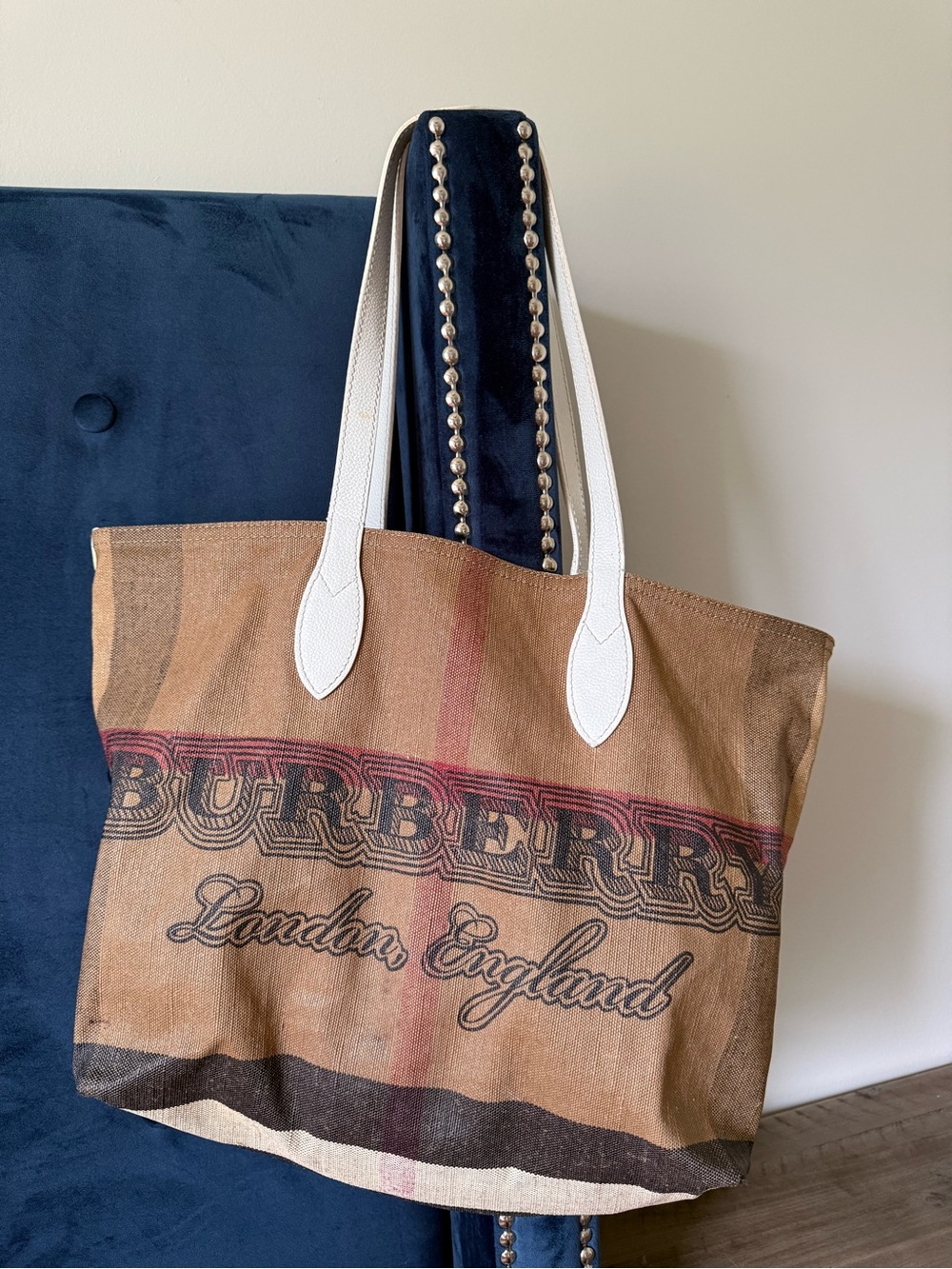 Burberry Brown Canvas Tote with White Leather Handles